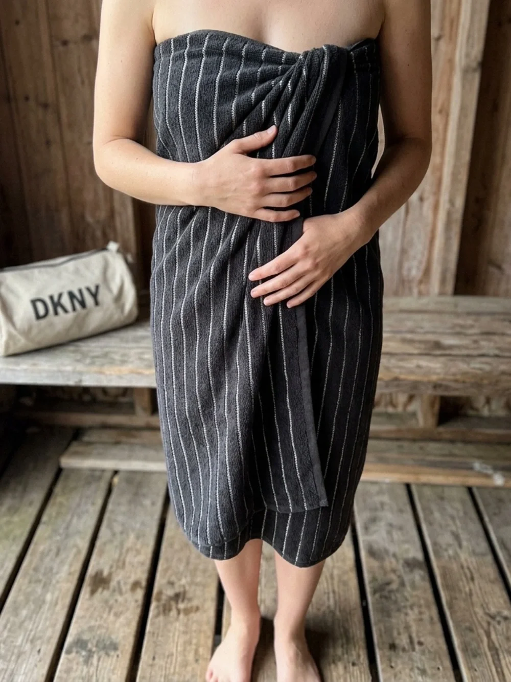 DKNY Charcoal Pinstripe Strapless Wrap Dress